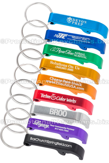 Multiple Beverage Bar Bottle Opener showing different colors and engraving designs. Colors aqua, royal blue, green, gold, orange, red, silver, purple, black. 
