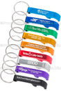 Multiple Beverage Bar Bottle Opener showing different colors and engraving designs. Colors aqua, royal blue, green, gold, orange, red, silver, purple, black. 
