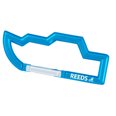 Blue carabiner in the shape of a boat with REEDS logo laser engraved.