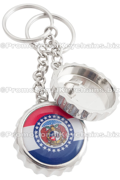 Example of Bottle Cap Bottle Opener Keychain with full color imprint on top and bottle opener hook shown on bottom. 