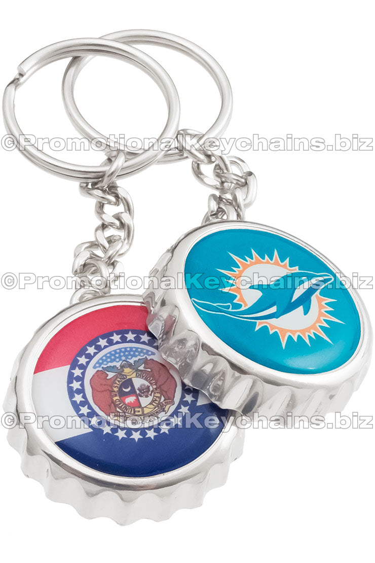 Example of Bottle Cap Bottle Opener keychains. Bottle openers shows examples of full color logos imprinted on top. 