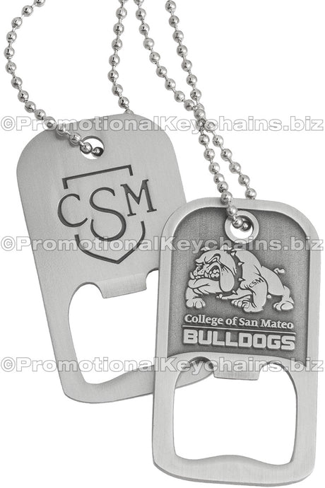 Two custom die cast bottle opener dog tags with chains. One is showing the back side and one is showing the front side customization of the bottle opener dog tags. 