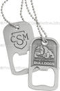 Two custom die cast bottle opener dog tags with chains. One is showing the back side and one is showing the front side customization of the bottle opener dog tags. 