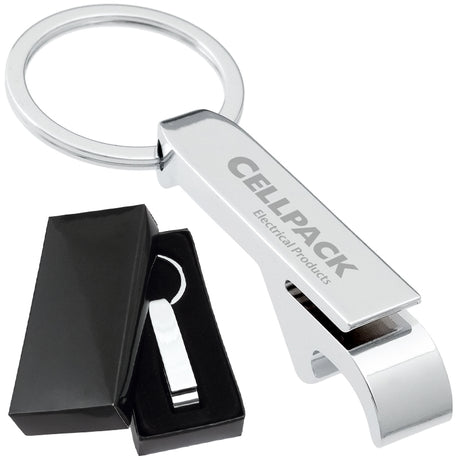 Image shows close up of Classic Chrome Bottle Opener Keychain and example of keychain inside black gift box. 
