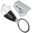 Close up of Polished Claw Bottle Opener with custom engraving. Image also includes an example of the bottle opener keychain inside gift box. 