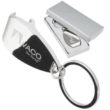 Close up of Polished Claw Bottle Opener with custom engraving. Image also includes an example of the bottle opener keychain inside gift box. 