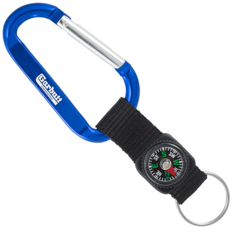 Blue carabiner with a nylon strap and compass, engraved with Garbutt logo.