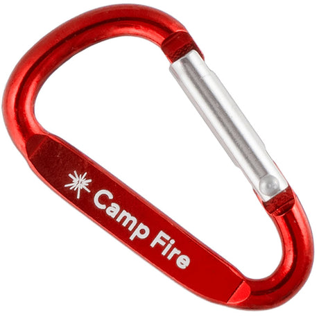 A closeup image of an engraved 50mm carabiner keychain in red on a white background.