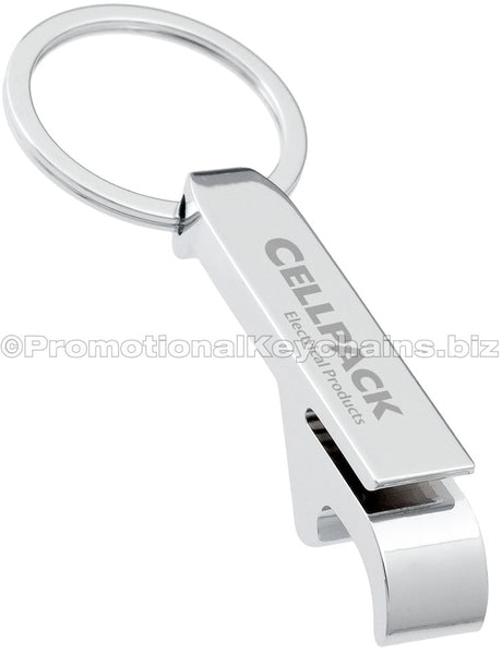 Classic Chrome Bottle Opener Keychain with custom engraving of text. 