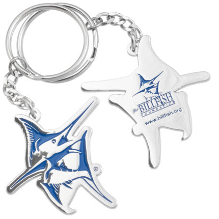 Example shows a custom shaped bottle opener in the shape of a swordfish. Four link chain and key ring attached to the top fin of the swordfish design. 