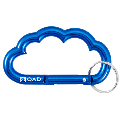 Blue cloud-shaped carabiners with attached key ring, custom engraved with QAD logo.