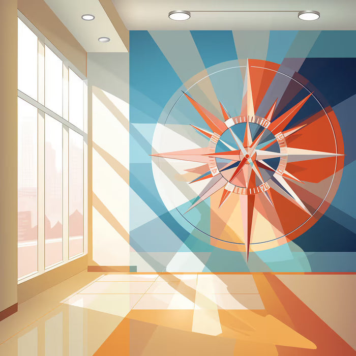 Modern interior with a colorful compass themed wall mural signifying guiding ethical standards.