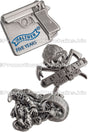 Group of 3D lapel pins showing antiqued nickel pins. Image included three 3D custom shaped lapel pins. One of a gun, one of a figure on a motorcycle and one of a skull in a fire helmet.