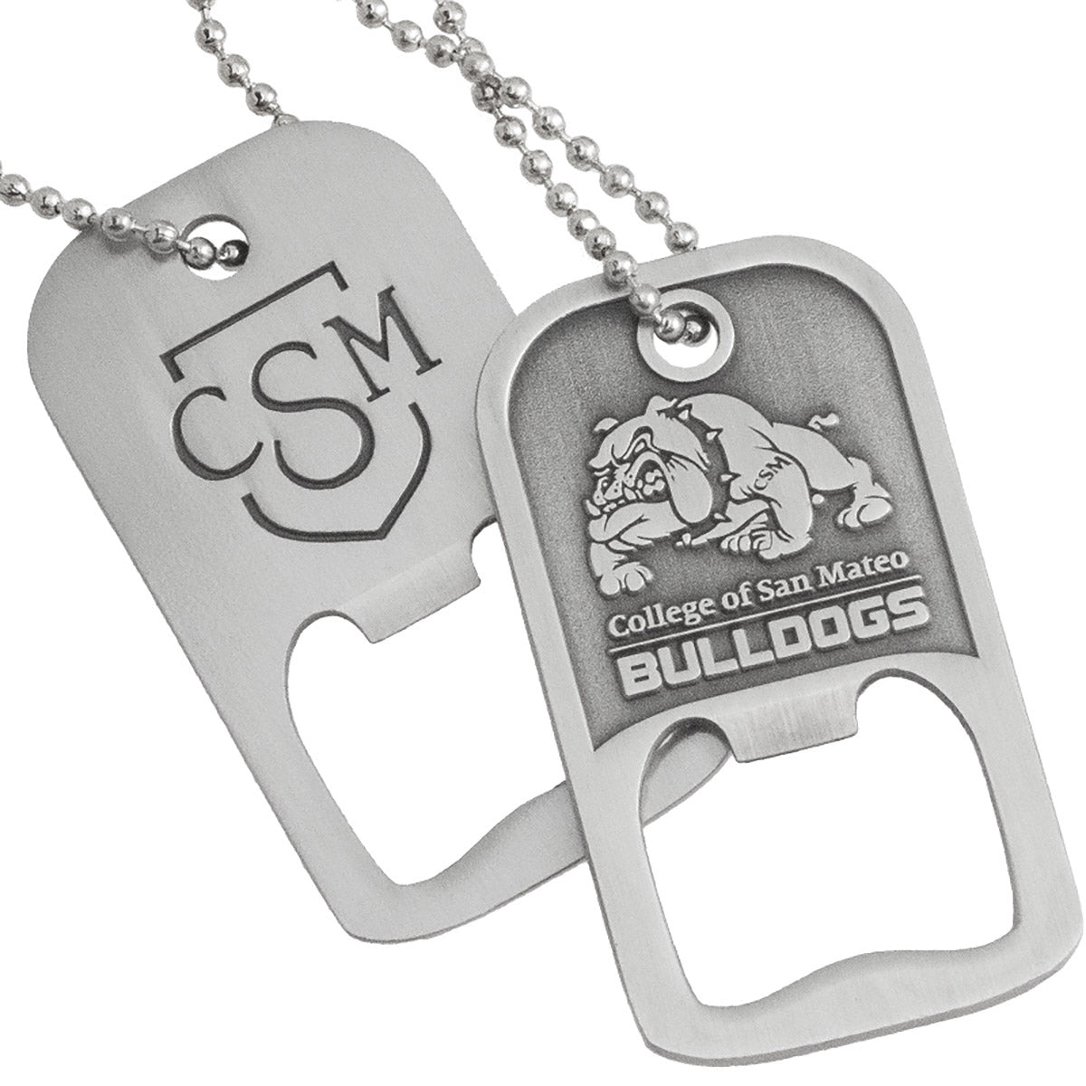 Two custom die cast bottle opener dog tags with chains. One is showing the back side and one is showing the front side customized with logos. 
