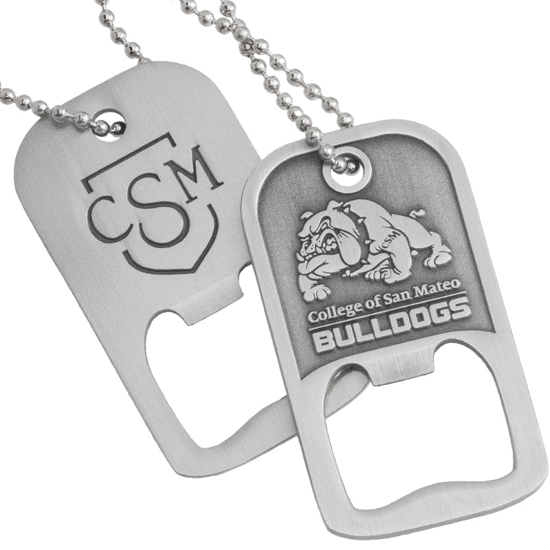 Two custom die cast bottle opener dog tags with chains. One is showing the back side and one is showing the front side customized with logos. 