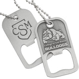 Two custom die cast bottle opener dog tags with chains. One is showing the back side and one is showing the front side customized with logos. 