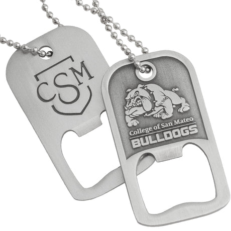 Two custom die cast bottle opener dog tags with chains. One is showing the back side and one is showing the front side customized with logos. 