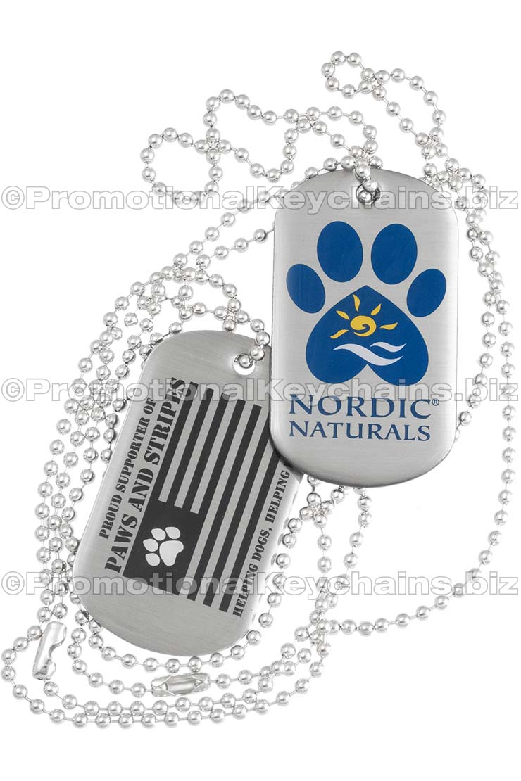 Two Full Color Stainless Steel Dog Tags with neck chains. Stainless steel metal showing in background with black and blue logo in foreground. 