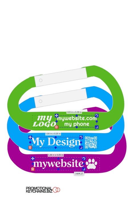 Colorful carabiner templates showing customized text and QR code on a white background.