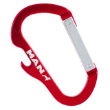 Example of red Bottle Opener Carabiner Keychain with custom text and logo engraved. 