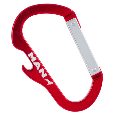 Example of red Bottle Opener Carabiner Keychain with custom text and logo engraved. 