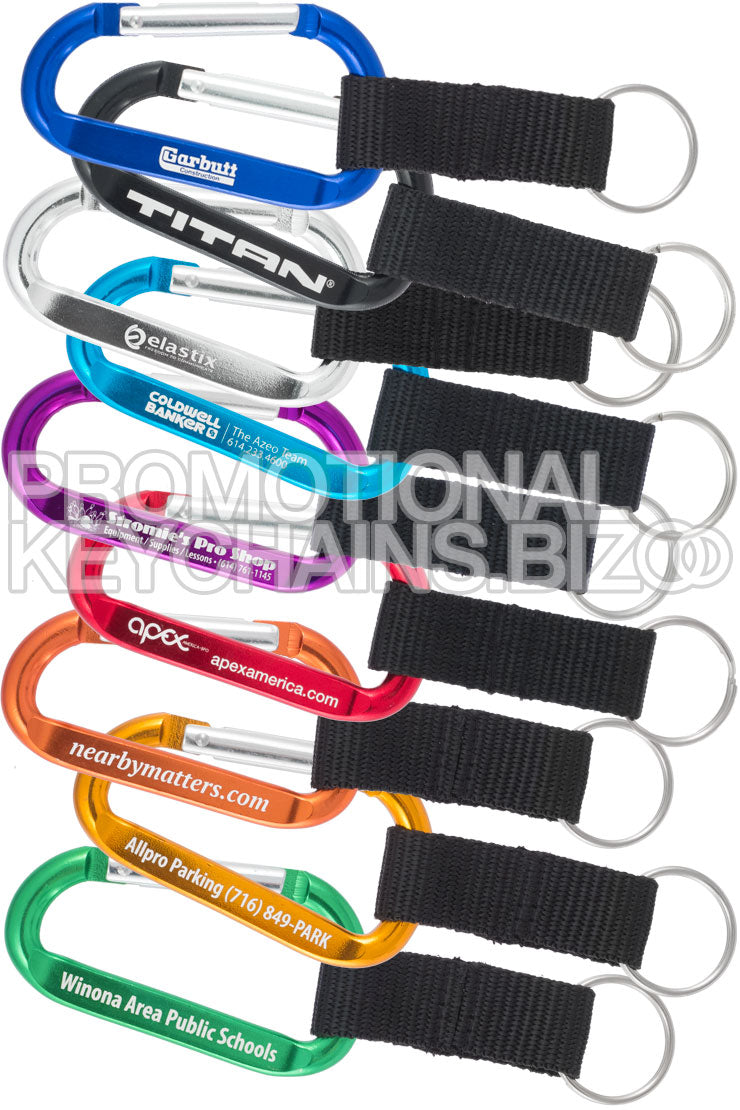 Customized carabiners in various colors and with attached nylon straps. 