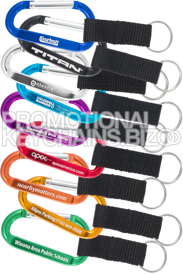 Customized carabiners in various colors and with attached nylon straps. 