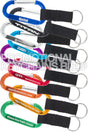 Customized carabiners in various colors and with attached nylon straps. 