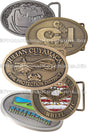 Five different antiqued metal belt buckles with various designs are displayed overlapping each other.