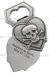 Custom Die Cast 3D/2D Bottle Opener Antiqued. Antiqued nickel plated bottle opener. Design shaped like a heart with a 3D skull and bones in center. 