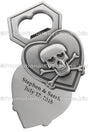 Custom Die Cast 3D/2D Bottle Opener Antiqued. Antiqued nickel plated bottle opener. Design shaped like a heart with a 3D skull and bones in center. 
