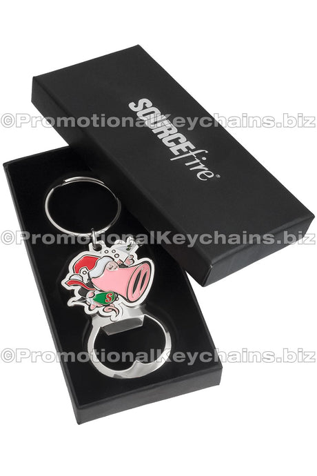 Custom Die Cast 3D/2D Bottle Opener Keychains and custom black box with silver imprint. Bottle opener shown inside the half opened box. 