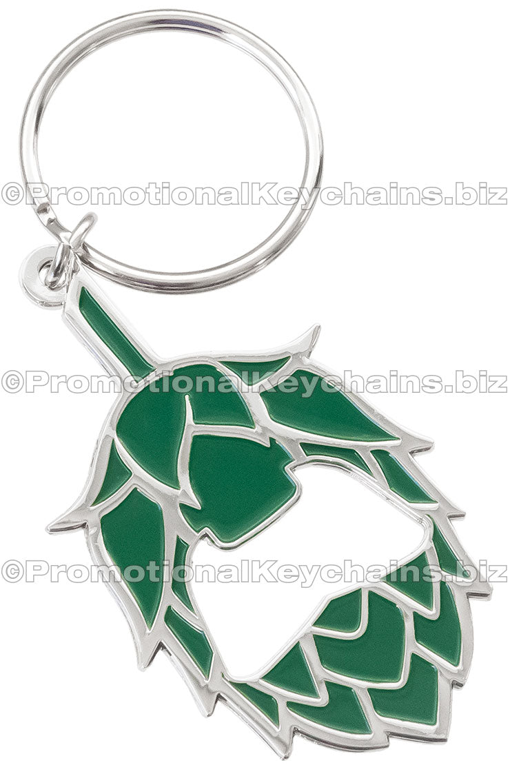 Polished nickel and green enamel Die Cast 3D/2D Bottle Opener Keychains. Bottle opener is custom shaped to a pine cone. 