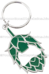 Polished nickel and green enamel Die Cast 3D/2D Bottle Opener Keychains. Bottle opener is custom shaped to a pine cone. 