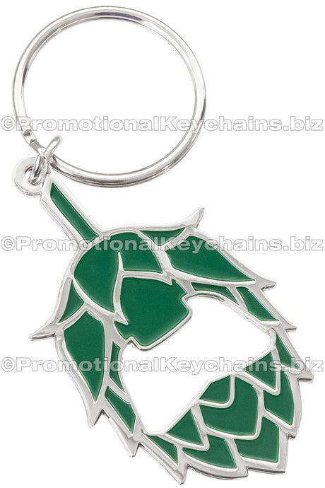 Polished nickel and green enamel Die Cast 3D/2D Bottle Opener Keychains. Bottle opener is custom shaped to a pine cone. 