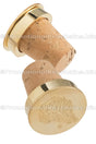 Two wine corks with polished gold metal tops, featuring an artistic boar head design die struck into the surface.
