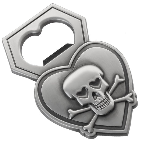 Custom Die Cast 3D/2D Bottle Opener Antiqued. Close up of design shaped like a heart with a 3D skull and bones in center. 