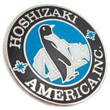 Image of circle shaped hard enamel lapel pin. Silver plating and multiple enamel color showing a penguin design. 