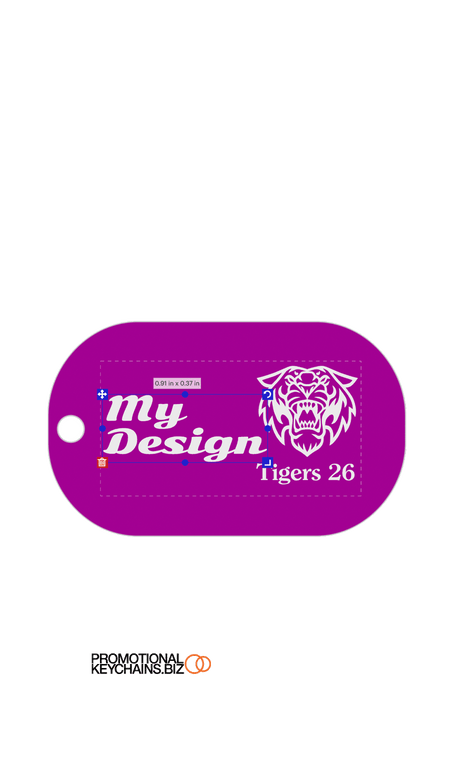 Customizable dog tag template showing text and a logo on a white background.