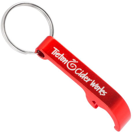 Second example of a red Beverage Bar Bottle Opener with a custom engraving of a logo. Engraving is a silvery white color. 