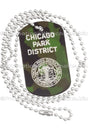 Example of camouflage anodized aluminum dog tag with engraving of text and logo. Image also shows the 30" ball chain. 