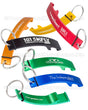 Image shows multiple Designer Logo Bottle Openers in different colors and with custom engravings. Colors shown are gold, red, orange, black, green and royal blue. There is also an example of the bottom side engraving with the green bottle opener. 