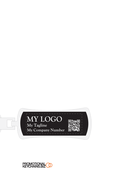 Engraved keychain template showing customizable text and QR code on a white background.