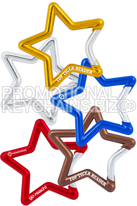 Colorful branded assortment of carabiners in the shape of a star. 