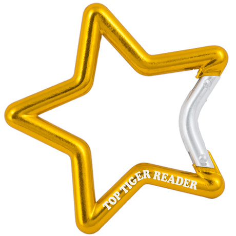 Custom engraved carabiner in gold color, in the shape of a star .