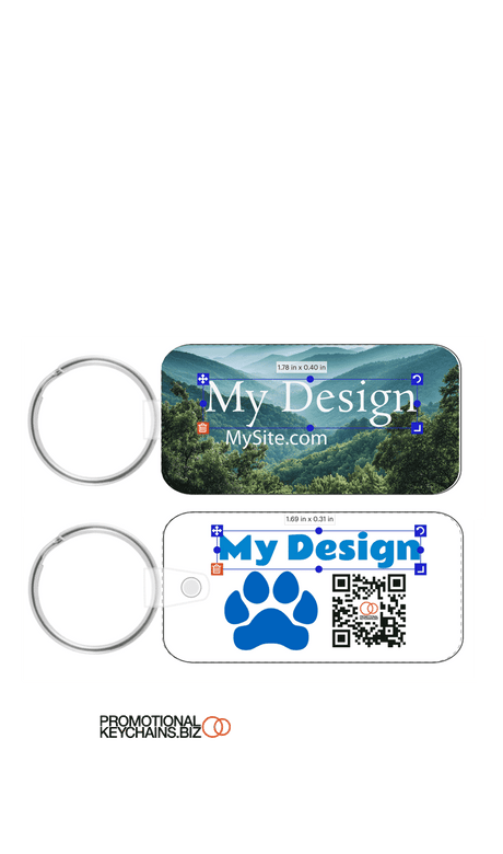 Full color vinyl keychain template showing customizable area with text, QR code and mountain scene on a white background.