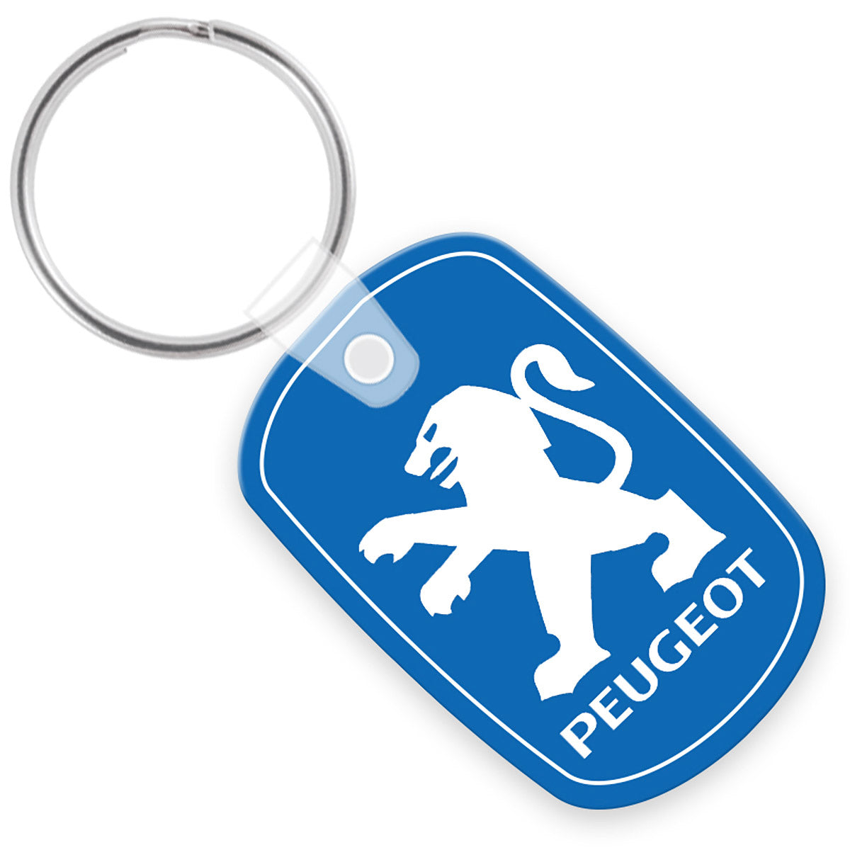 Blue rounded rectangle keychain with a white custom logo imprint