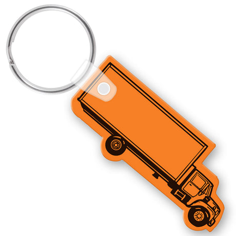 Close up of Box Truck shaped vinyl keychain. Example shows an orange vinyl with black imprint of the truck outline.