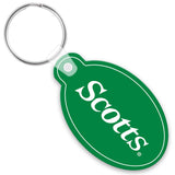 Green oval with tab keychain with a white custom imprint