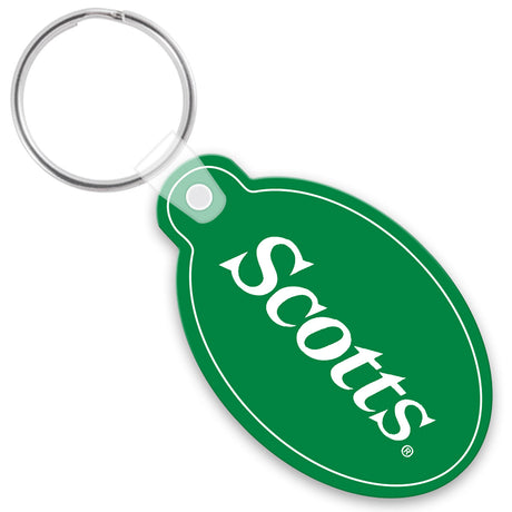 Green oval with tab keychain with a white custom imprint